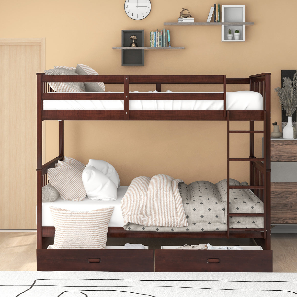 Full-Over-Full Bunk Bed with Ladders and Two Storage Drawers (Espresso) - Home Elegance USA