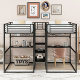 Double Twin over Twin Metal Bunk Bed with Desk, Shelves and Storage Staircase, Black - Home Elegance USA