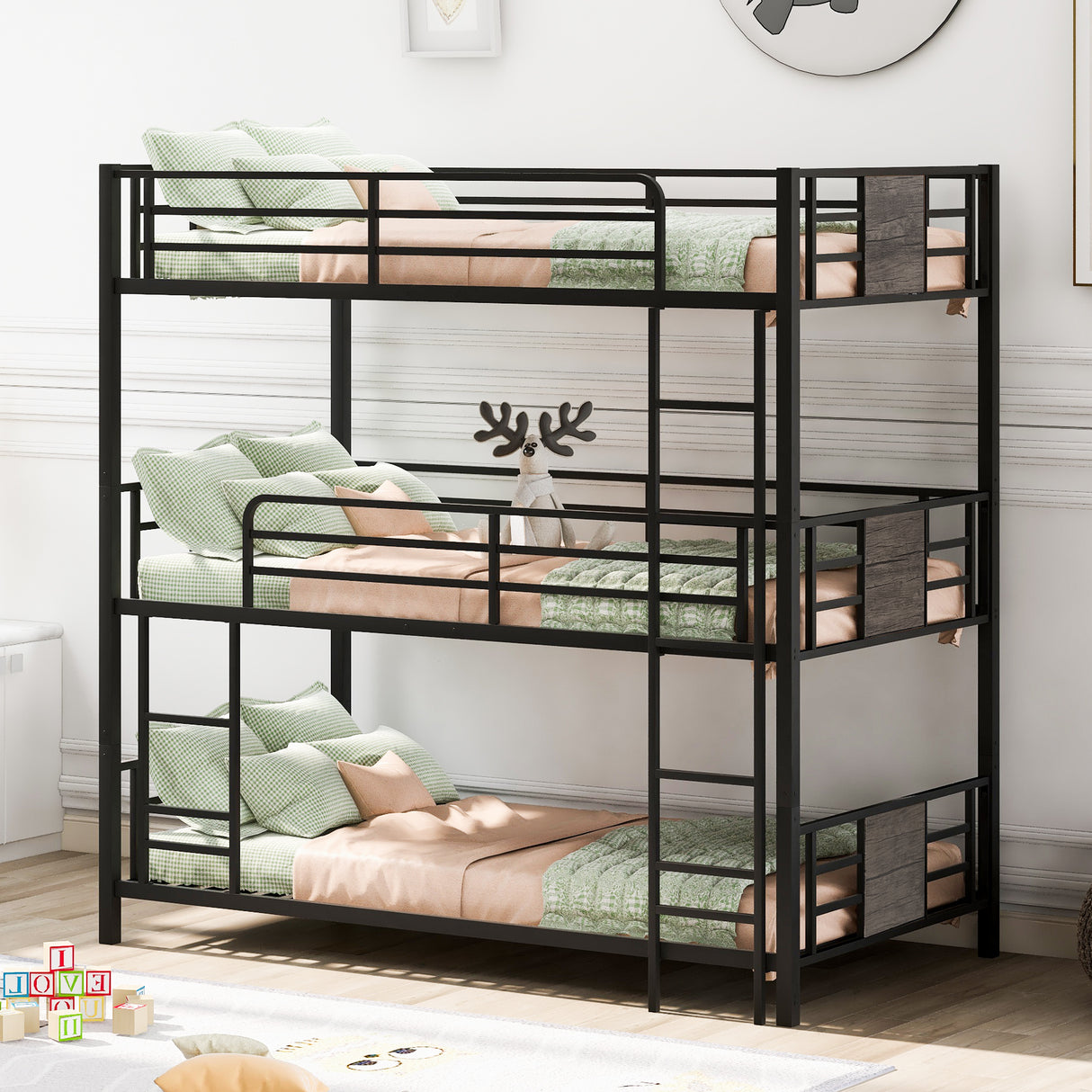 Twin Size Triple Metal Bunk Bed, with Wood Decoration Headboard and Footboard, Gray - Home Elegance USA