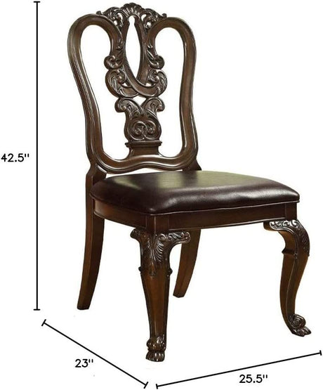 Traditional Intricate Back Design Set of 2 Side Chairs Brown Cherry Solid wood Chair Padded Leatherette Seat Kitchen Dining Room Furniture - Home Elegance USA