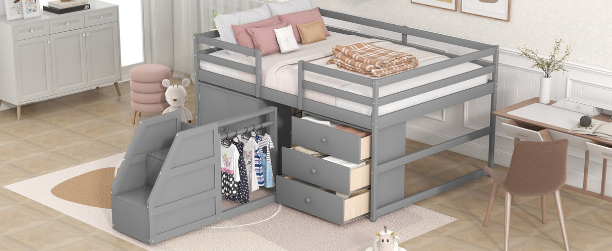 Full Size Functional Loft Bed with Cabinets and Drawers, Hanging Clothes at the back of the Staircase, Gray - Home Elegance USA