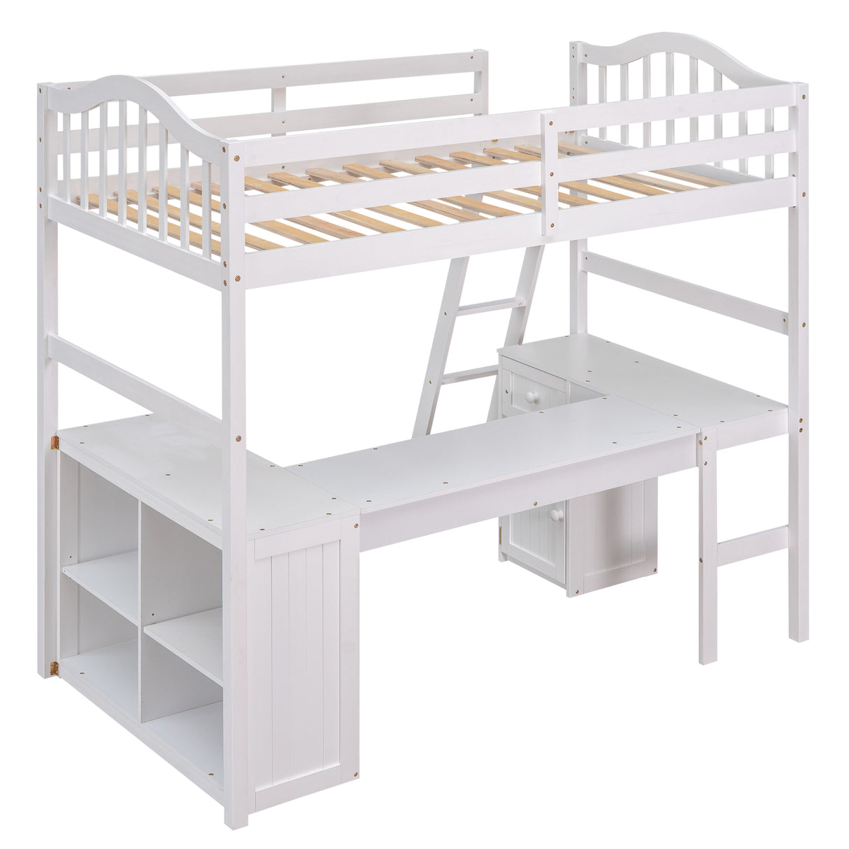 Twin size Loft Bed with Drawers, Cabinet, Shelves and Desk, Wooden Loft Bed with Desk - White(OLD SKU :LT000505AAK) - Home Elegance USA