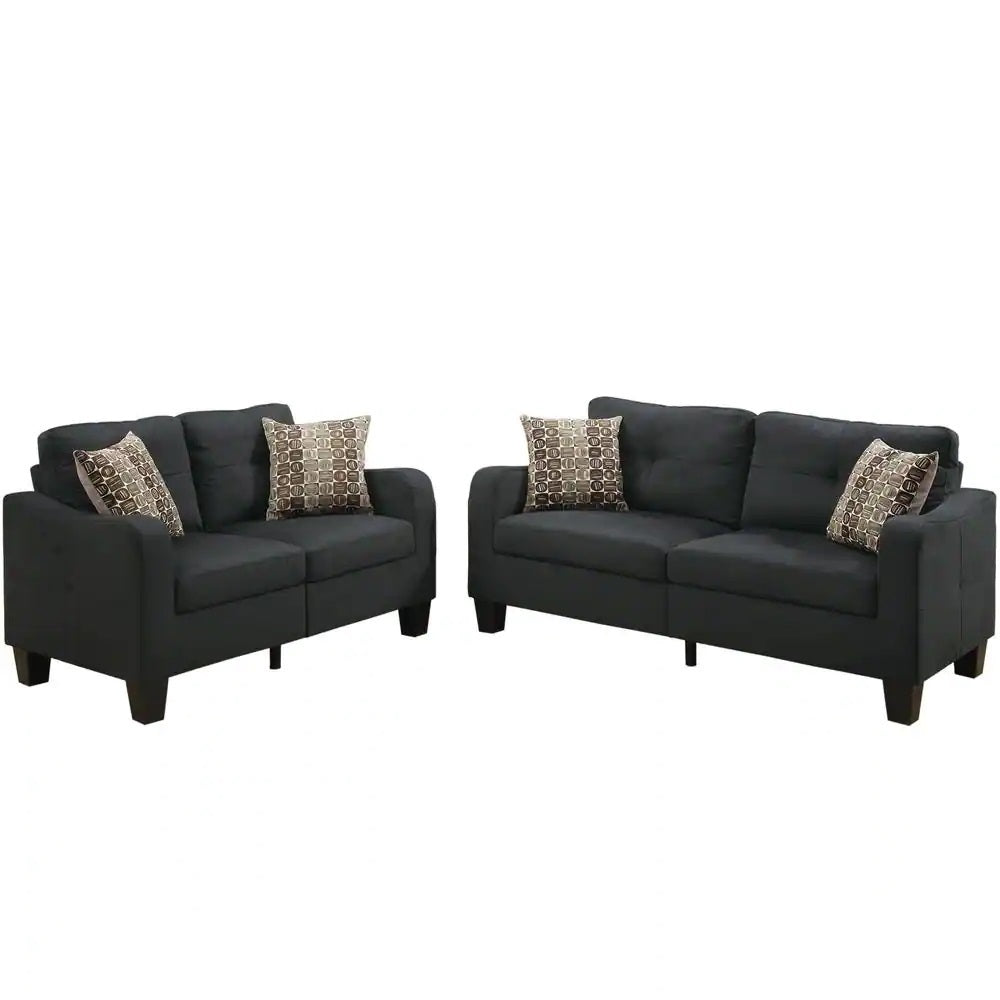 Living Room Furniture 2pc Sofa Set Black Polyfiber Sofa And Loveseat w pillows Cushion Couch Home Elegance USA