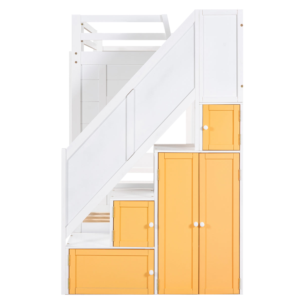 Twin Over Twin Bunk Bed with Trundle ,Stairs,Ladders Solid Wood Bunk bed with Storage Cabinet （White + Yellow） - Home Elegance USA