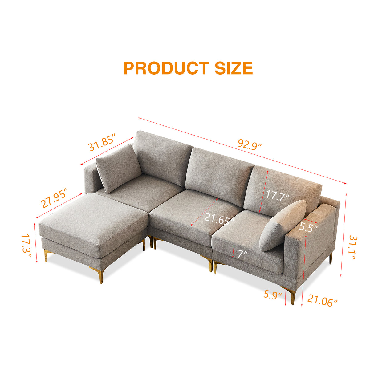 ADF Living Room Furniture Modern Leisure L Shape Couch Grey Fabric - W1097S00019 - Home Elegance USA - 7