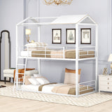 Twin Over Twin Bunk Bed Metal Bed with Half Roof, Guardrail and Ladder White - Home Elegance USA