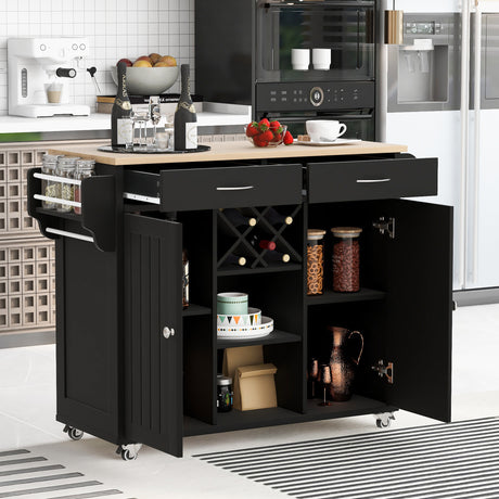 K&K Store Kitchen Island Cart with Two Storage Cabinets and Four Locking Wheels，Wine Rack, Two Drawers,Spice Rack, Towel Rack （Black） - Home Elegance USA