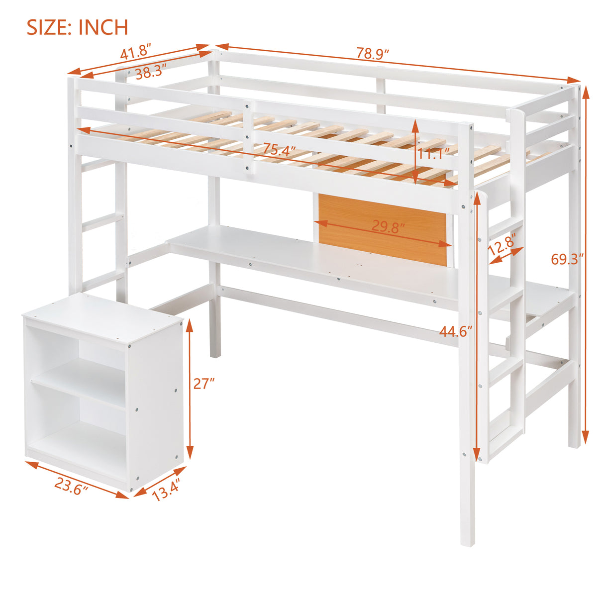 Twin size Loft Bed with Desk and Writing Board, Wooden Loft Bed with Desk & 2 Drawers Cabinet- White - Home Elegance USA