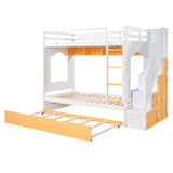 Twin Over Twin Bunk Bed with Trundle ,Stairs,Ladders Solid Wood Bunk bed with Storage Cabinet （White + Yellow） - Home Elegance USA