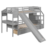 Twin over Twin Bunk Bed with Storage Staircase, Slide and Drawers, Desk with Drawers and Shelves, Gray - Home Elegance USA