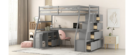 Twin Size Loft Bed with with 7 Drawers 2 Shelves and Desk - Gray