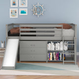 Low Loft Bed with Attached Bookcases and Separate 3-tier Drawers,Convertible Ladder and Slide,Twin,Gray - Home Elegance USA