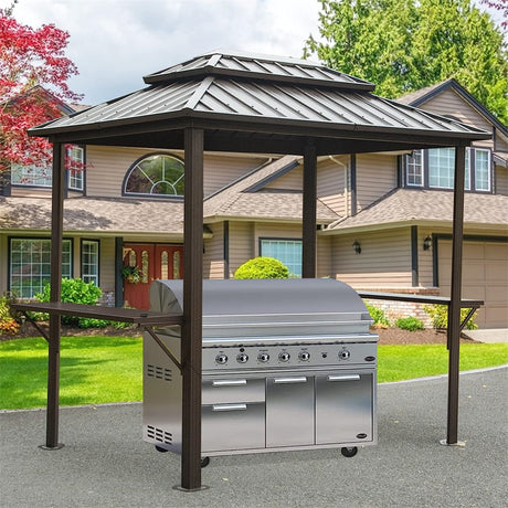 8' × 6' Grill Gazebo | Aluminum BBQ Metal Frame with Shelves & Serving Tables | Permanent Double Roof Hardtop for Patio, Lawn & Backyard – Brown