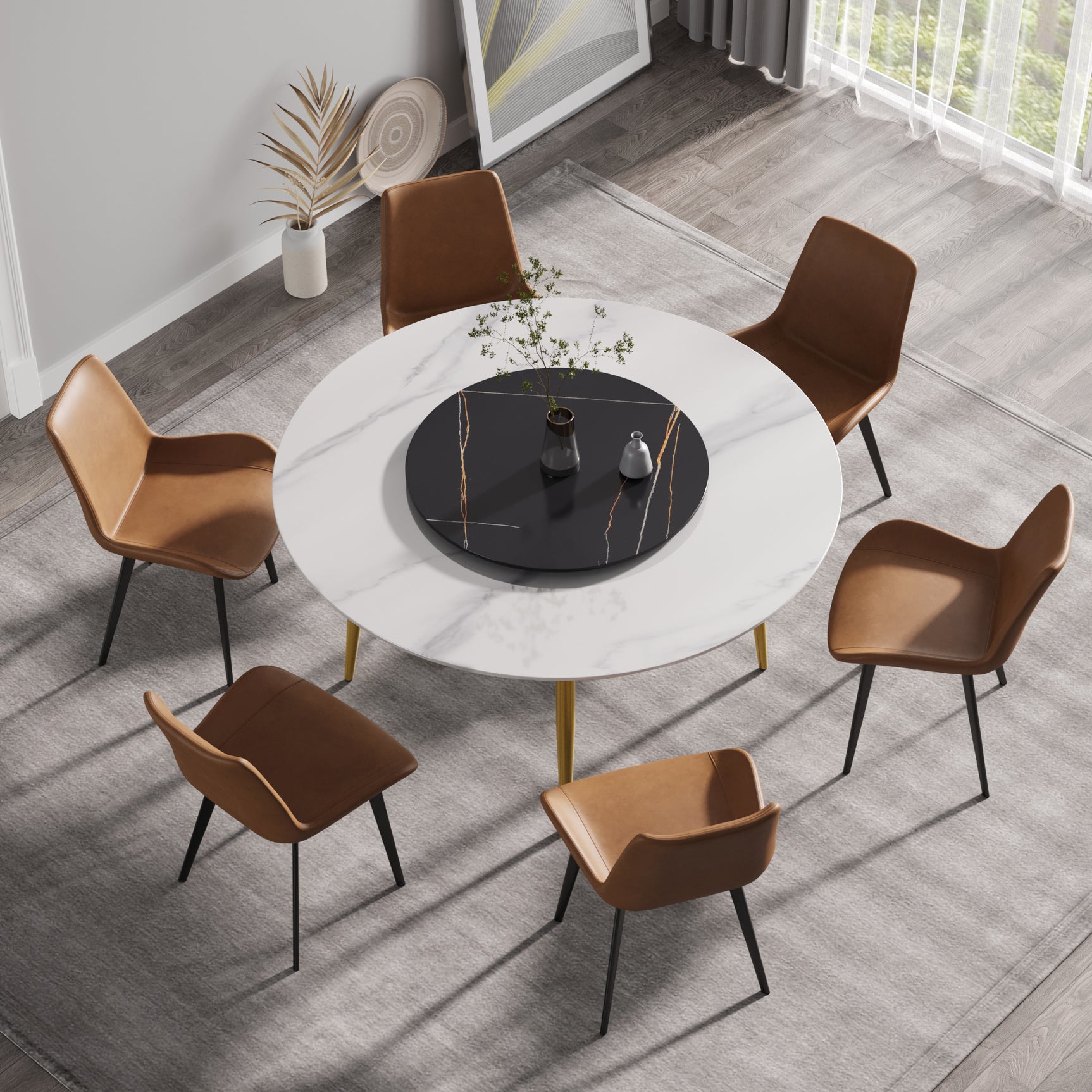 59.05"Modern artificial stone round golden metal dining table - can accommodate 6 people - 31.5"black artificial stone turntable - W1535S00017 - image - 1