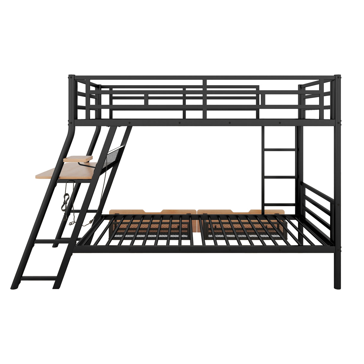 Twin Size Metal Bunk Bed with Built-in Desk, Light and 2 Drawers, Black(Expected Arrival Time: 9.18)