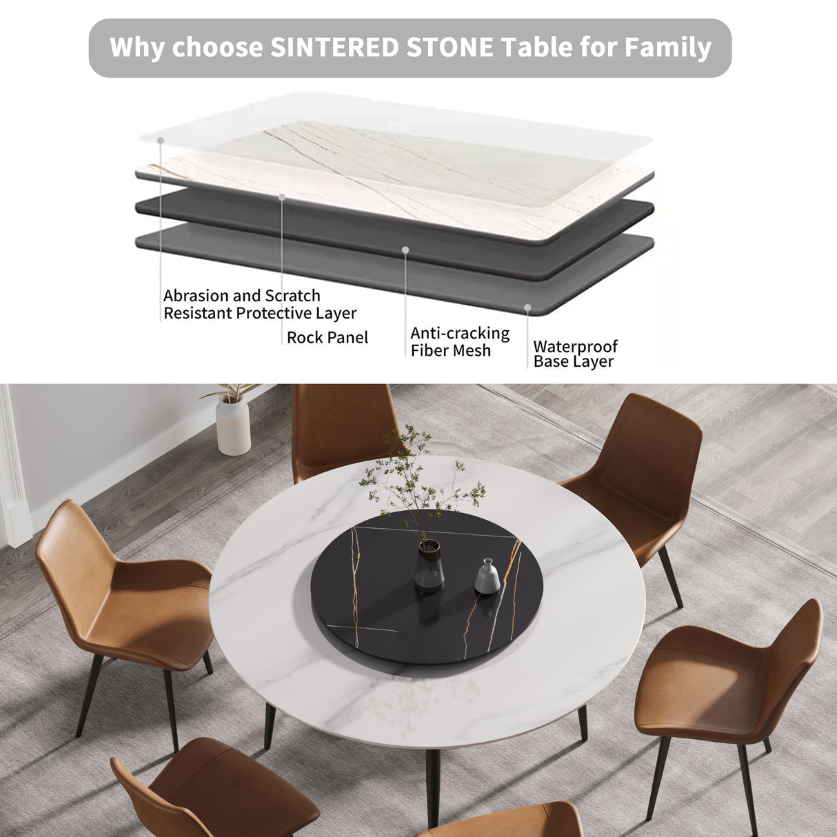 59.05"Modern artificial stone round black metal dining table - can accommodate 6 people - 31.5"black artificial stone turntable - W1535S00016 - image - 6