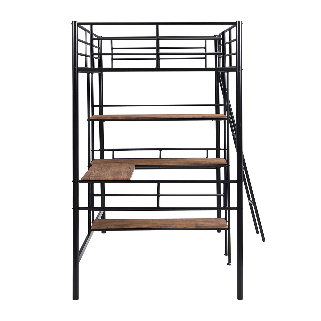 Twin Size Metal Loft Bed and Built-in Desk and Shelves,Black(OLD DKU:WF280270AAB) - Home Elegance USA