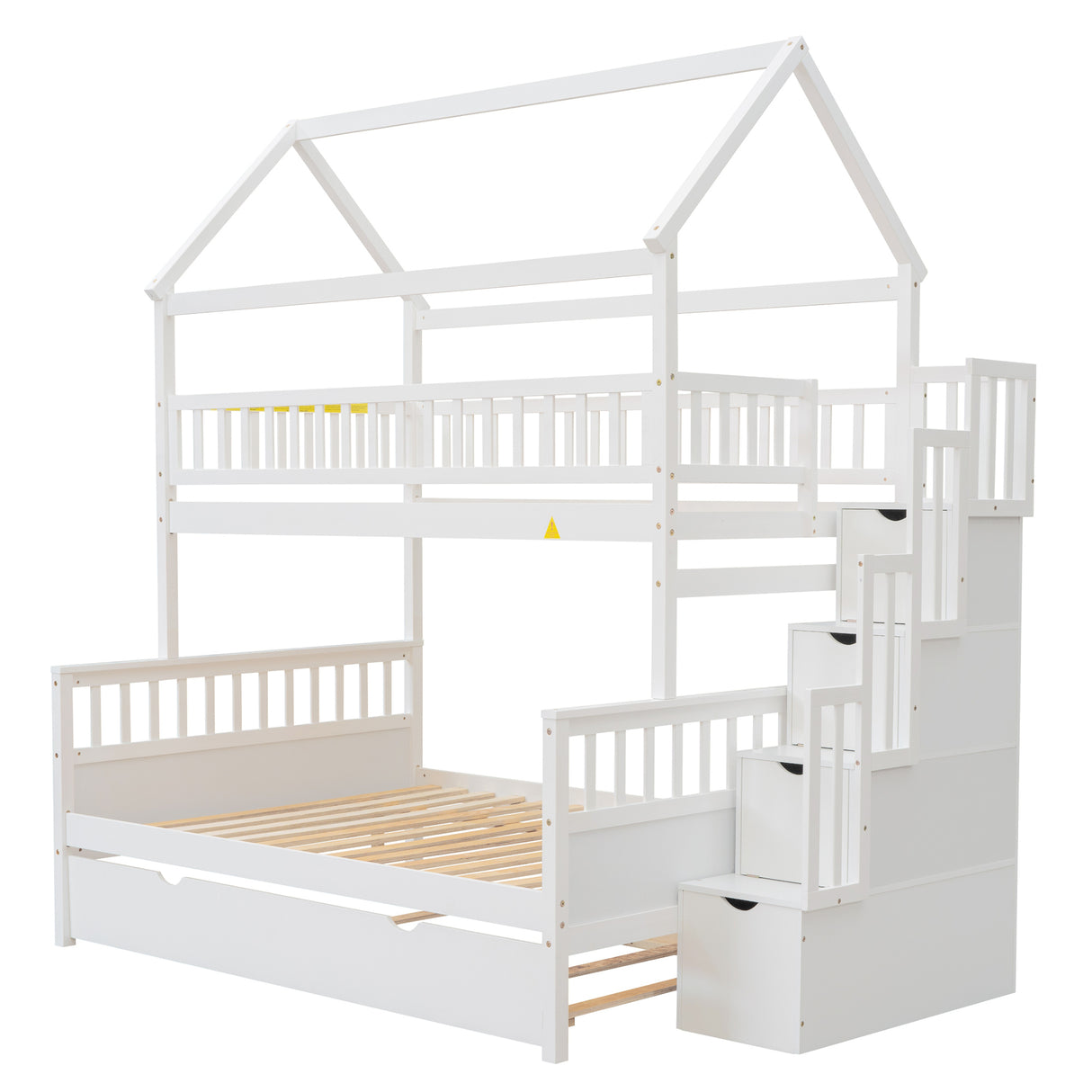 Twin over Full Size House Bunk Bed with Storage Staircase and Trundle,Full-Length Guardrail,White - Home Elegance USA