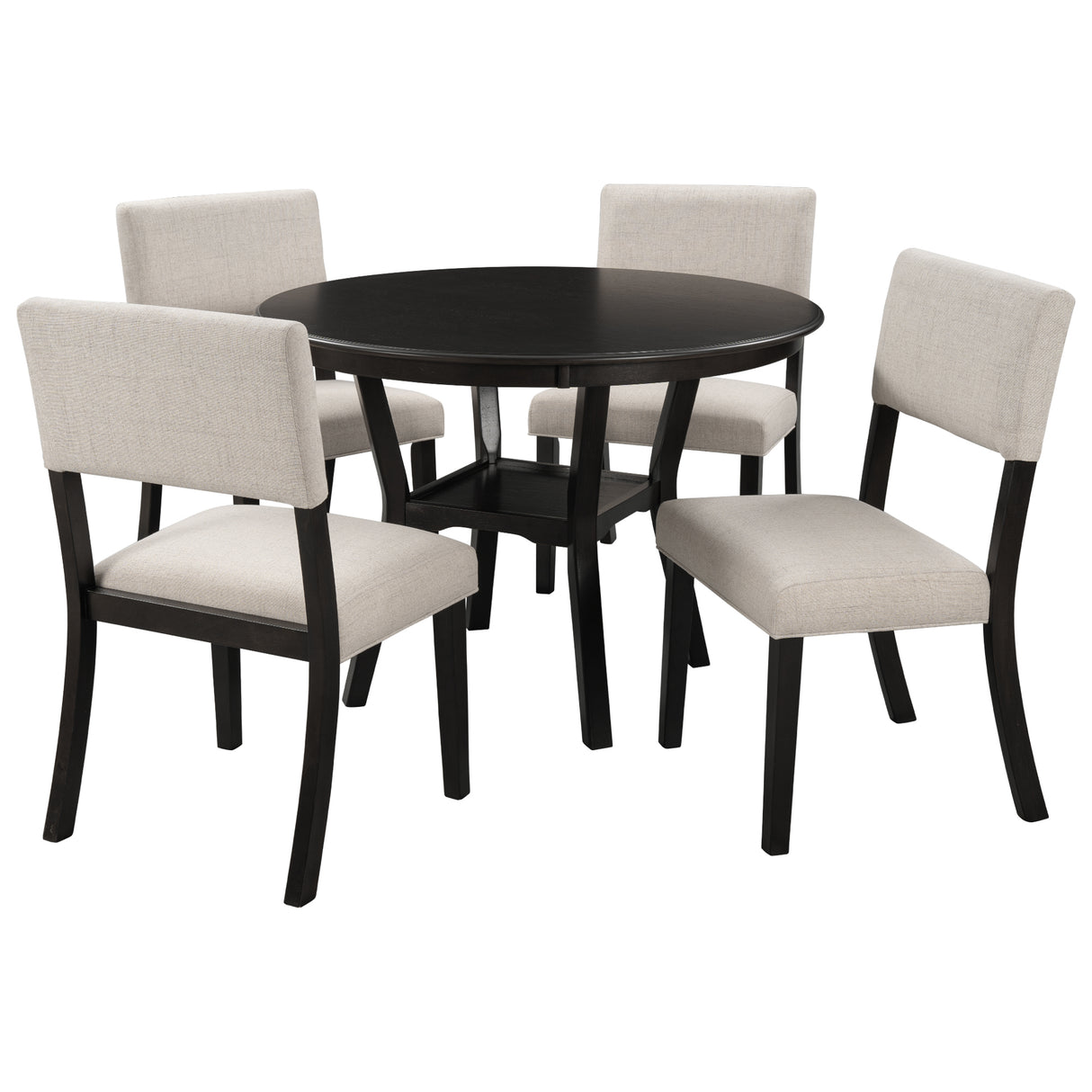 TREXM 5-Piece Kitchen Dining Table Set Round Table with Bottom Shelf, 4 Upholstered Chairs for Dining Room（Espresso） - Home Elegance USA