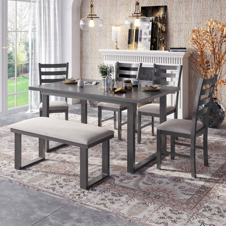 TREXM 6-Pieces Family Furniture, Solid Wood Dining Room Set with Rectangular Table & 4 Chairs with Bench(Gray) - Home Elegance USA