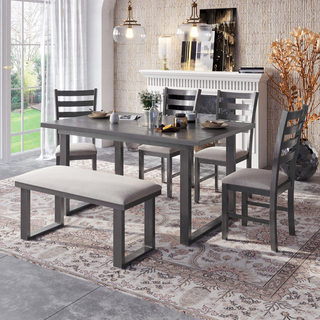 TREXM 6-Pieces Family Furniture, Solid Wood Dining Room Set with Rectangular Table & 4 Chairs with Bench(Gray) - Home Elegance USA