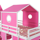 Full Size Bunk Bed with Slide Pink Tent and Tower - Pink - Home Elegance USA