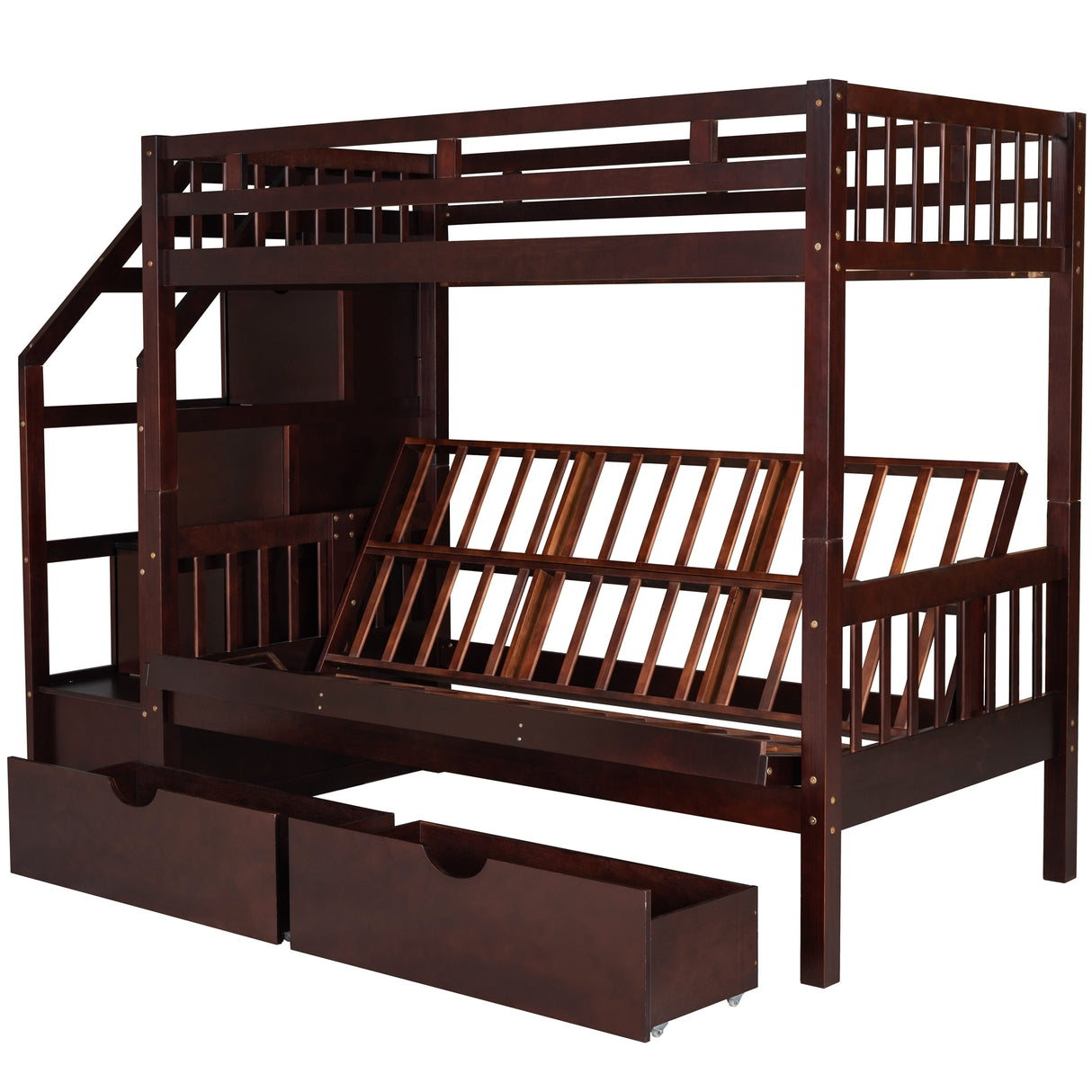 Twin over Full Bunk Bed with Two Drawers and Staircase, Down Bed can be Converted into Daybed,Espresso Home Elegance USA