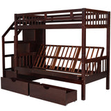 Twin over Full Bunk Bed with Two Drawers and Staircase, Down Bed can be Converted into Daybed,Espresso - Home Elegance USA