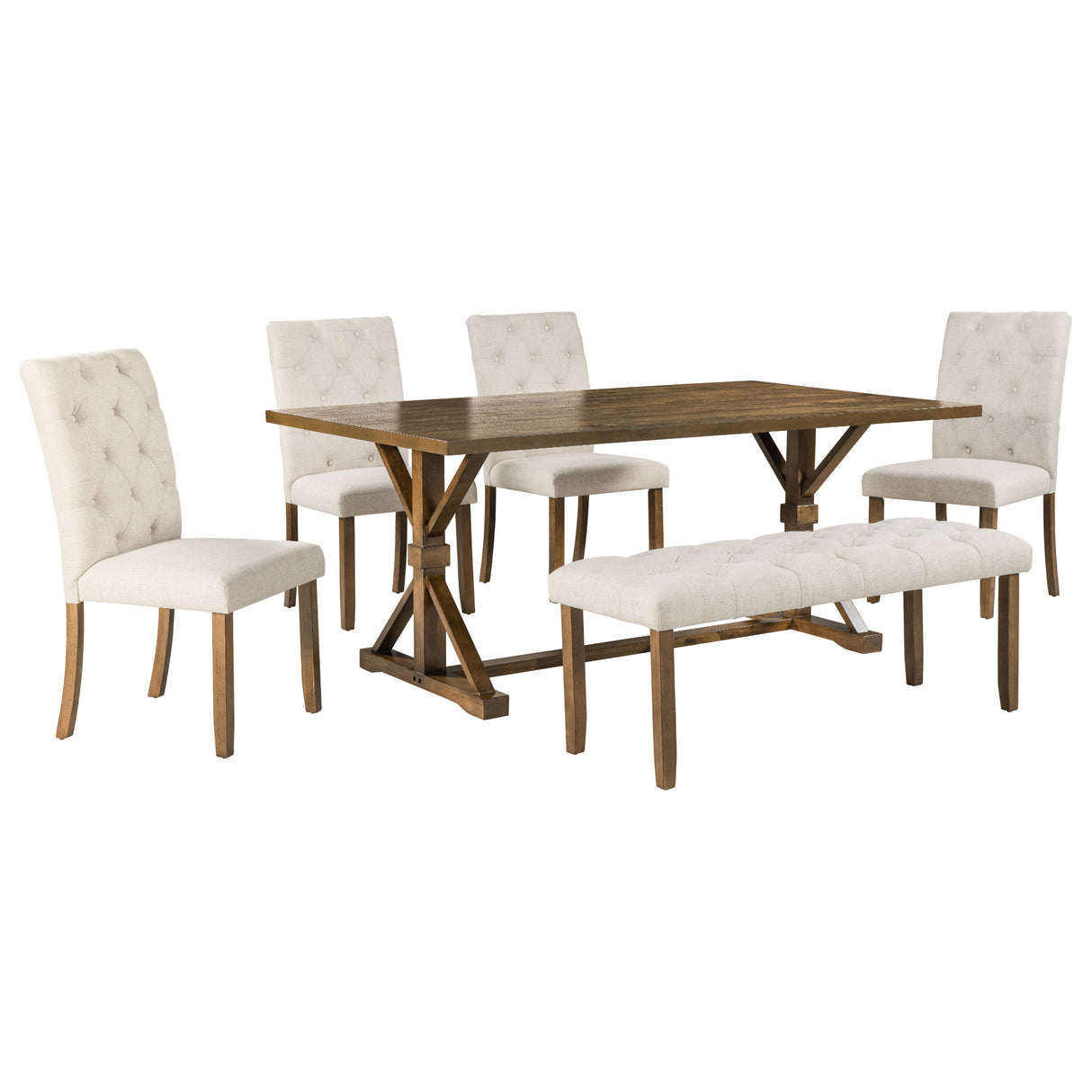 TREXM 6-Piece Farmhouse Dining Table Set 72" Wood Rectangular Table, 4 Upholstered Chairs with Bench (Walnut) - Home Elegance USA