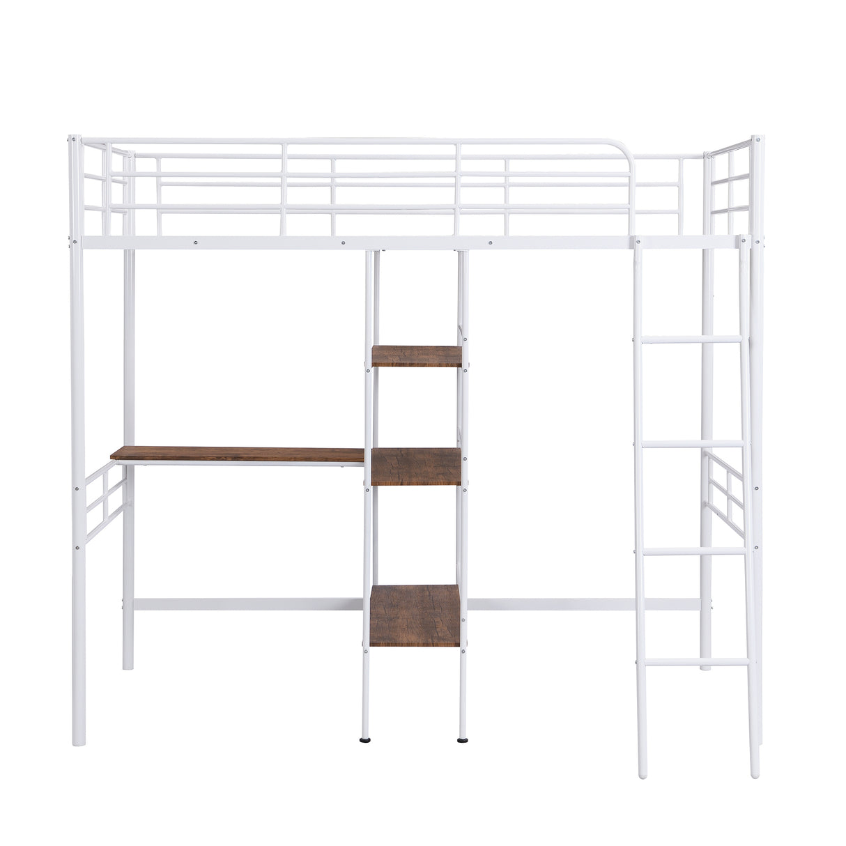 Twin Size Metal Loft Bed and Built-in Desk and Shelves,White（OLD SKU:WF280270AAK） - Home Elegance USA