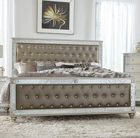 Glamorous Style Champagne Finish Queen Bed 1pc Upholstered Headboard Footboard Arcylic Crystals Trim Tufting Modern Bedroom Furniture - Home Elegance USA