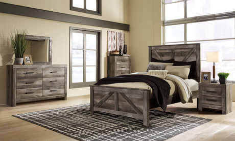 Wynnlow - Gray - 7 Pc. - Dresser, Mirror, Queen Crossbuck Panel Bed, 2 Nightstands - Home Elegance USA