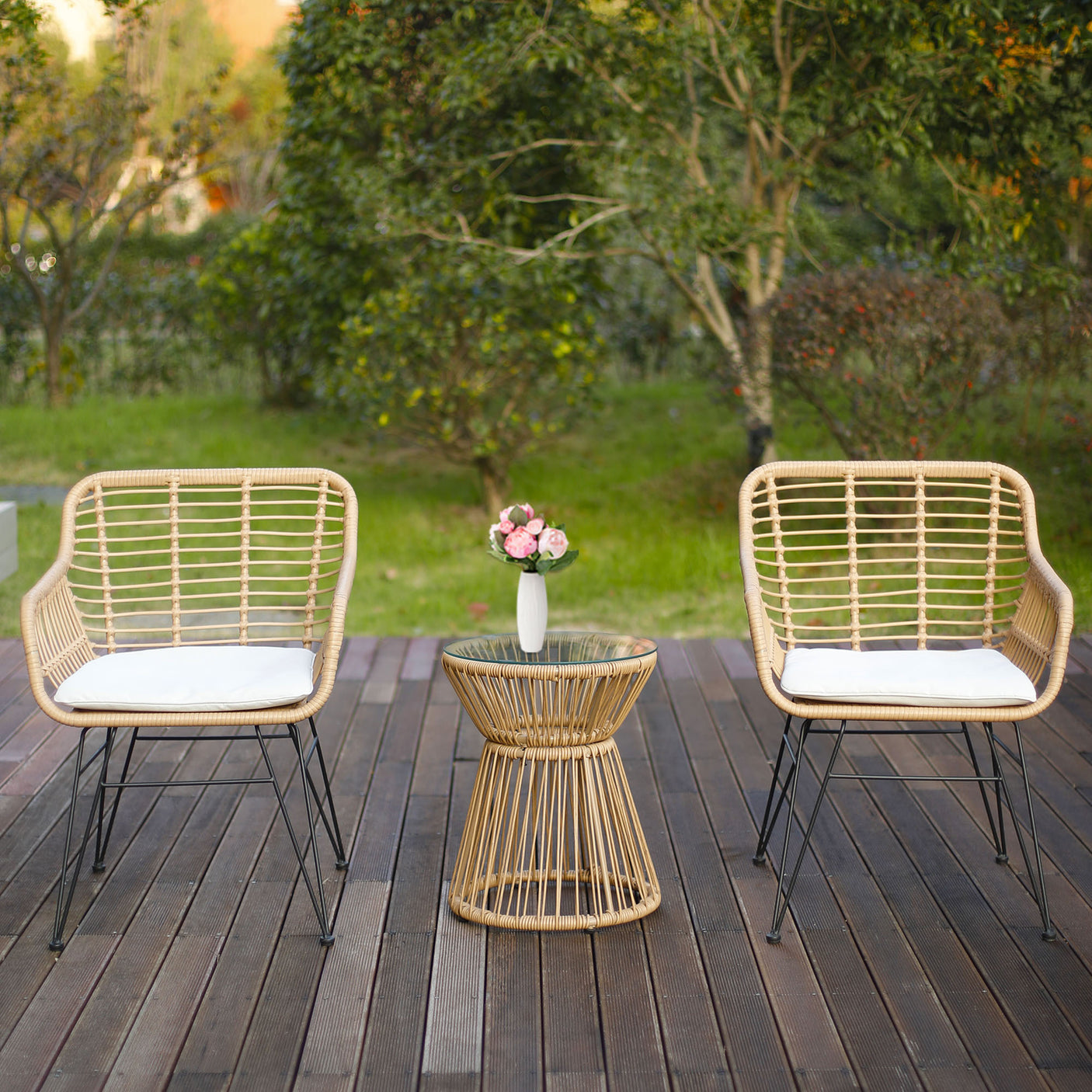 Balcony Furniture, 3 Piece Patio Set, Outdoor Wicker Chairs with Glass Top Table and Soft Cushion, Rattan Front Porch Furniture