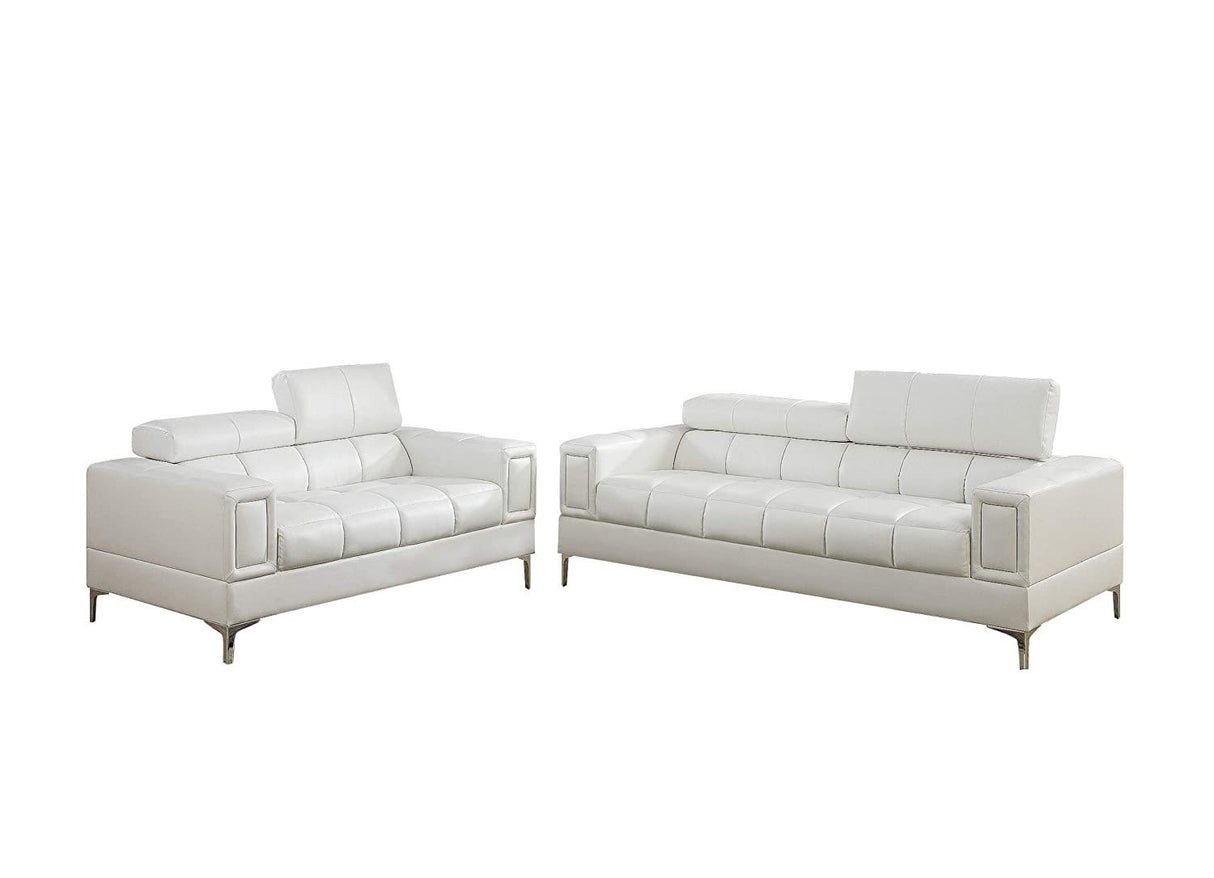 White Faux Leather Living Room 2pc Sofa set Sofa And Loveseat Furniture Couch Unique Design Metal Legs Adjustable Headrest Home Elegance USA