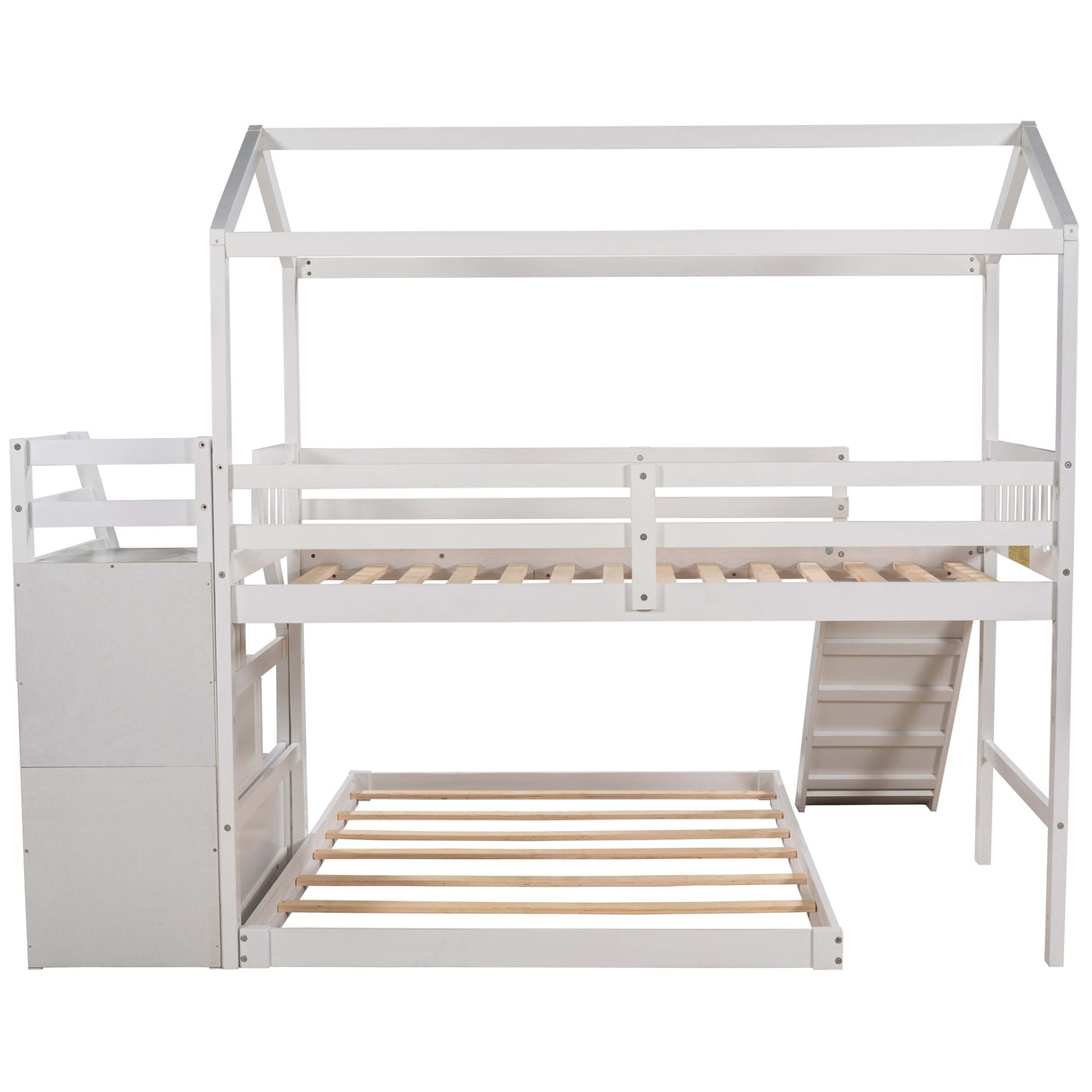 Twin over Full House Bunk Bed with Convertible Slide and Storage Staircase,Full-Length Guardrail,White - Home Elegance USA