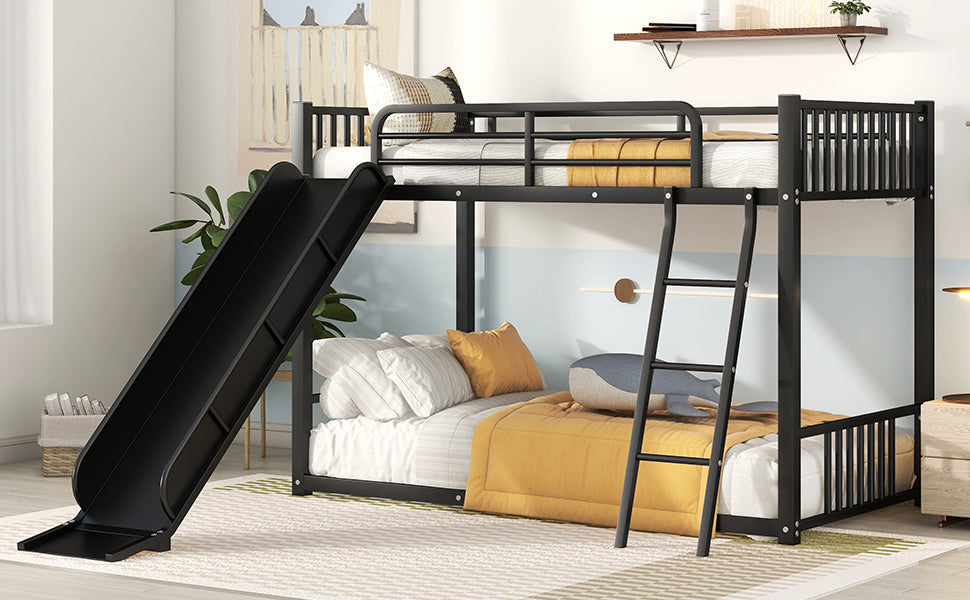 Metal Bunk Bed with Slide, Twin over Twin, Black - Home Elegance USA