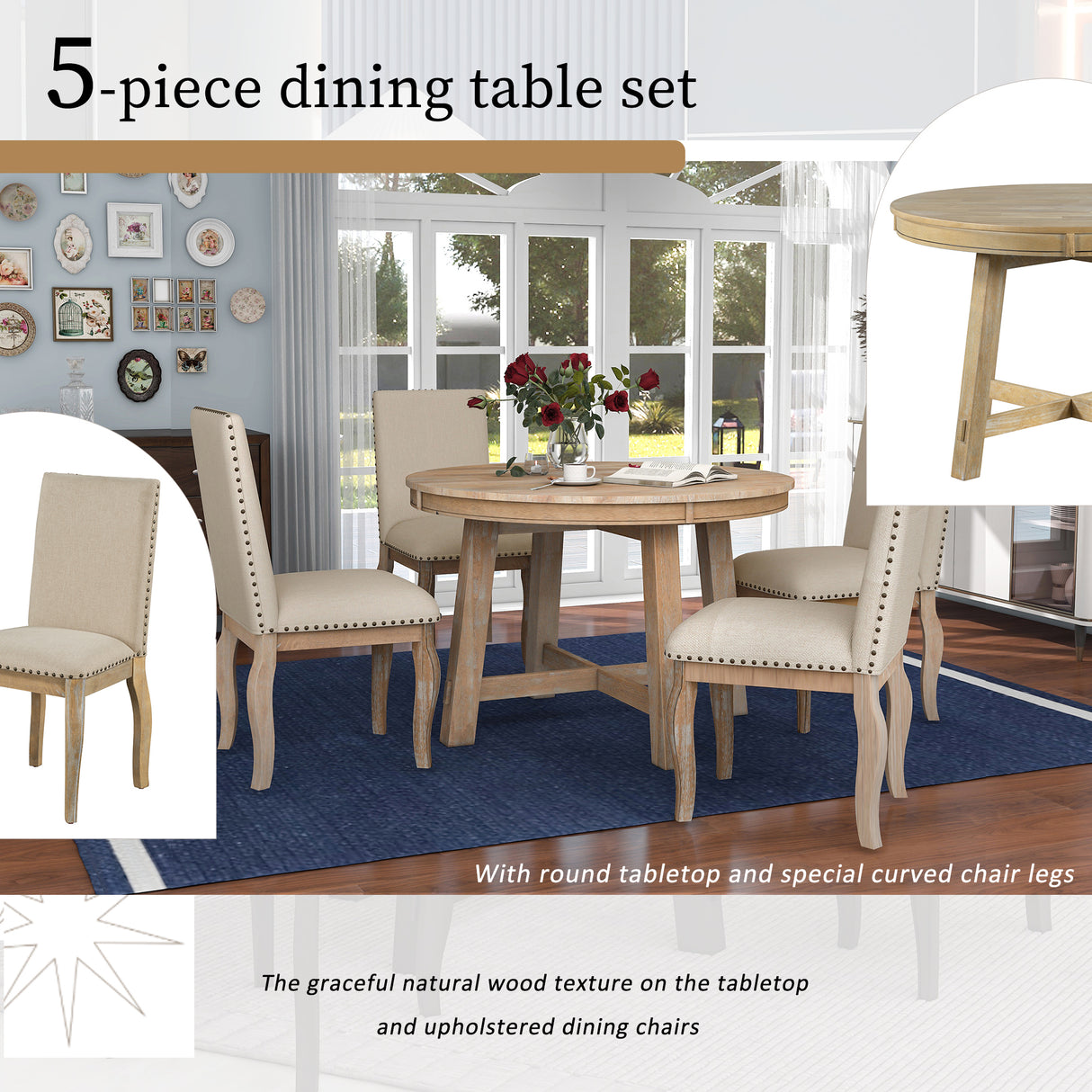 TREXM 5-Piece Farmhouse Dining Table Set Wood Round Extendable Dining Table and 4 Upholstered Dining Chairs (Natural Wood Wash) - Home Elegance USA