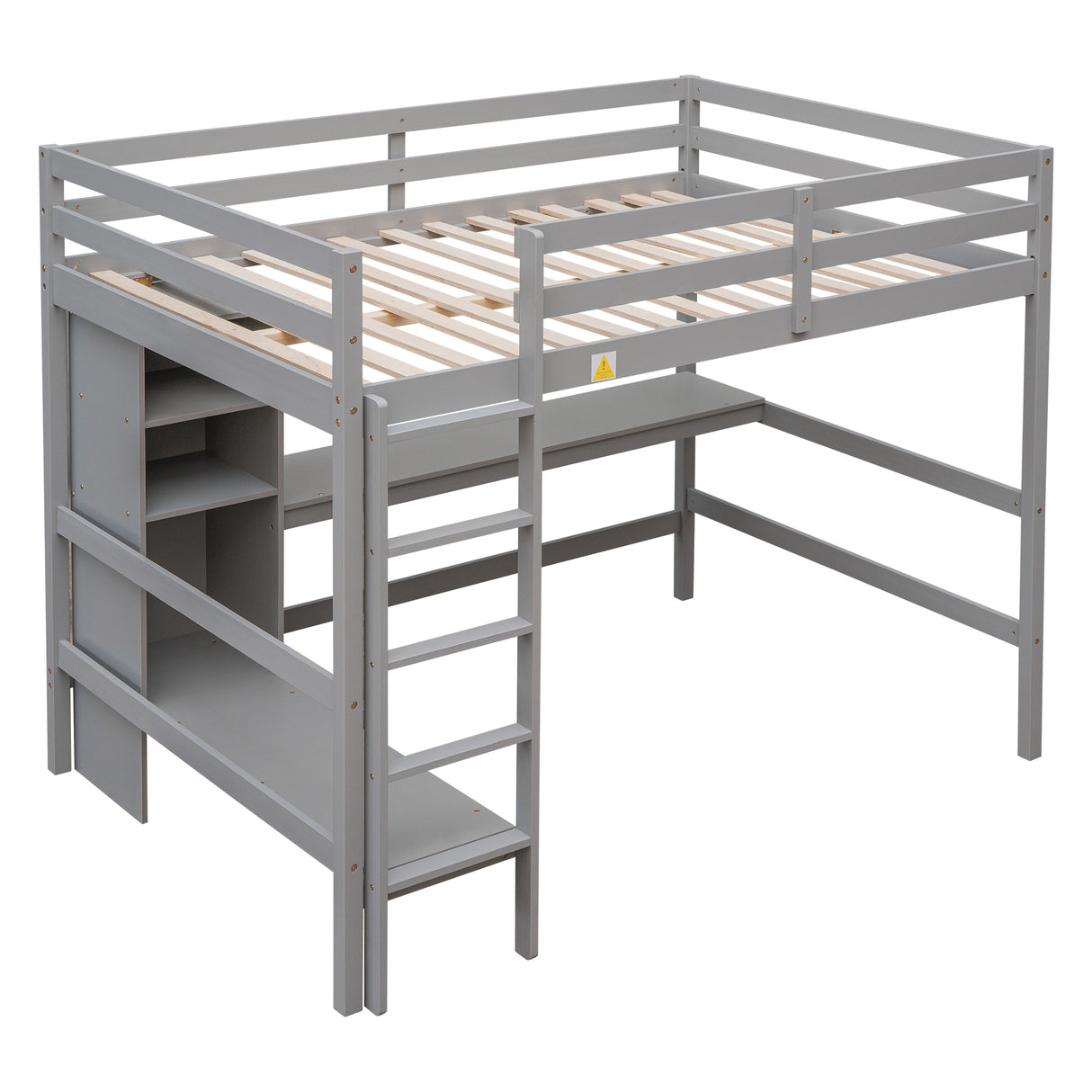 Full Size Loft Bed with Multifunction Shelves and Under-bed Desk, Gray - Home Elegance USA