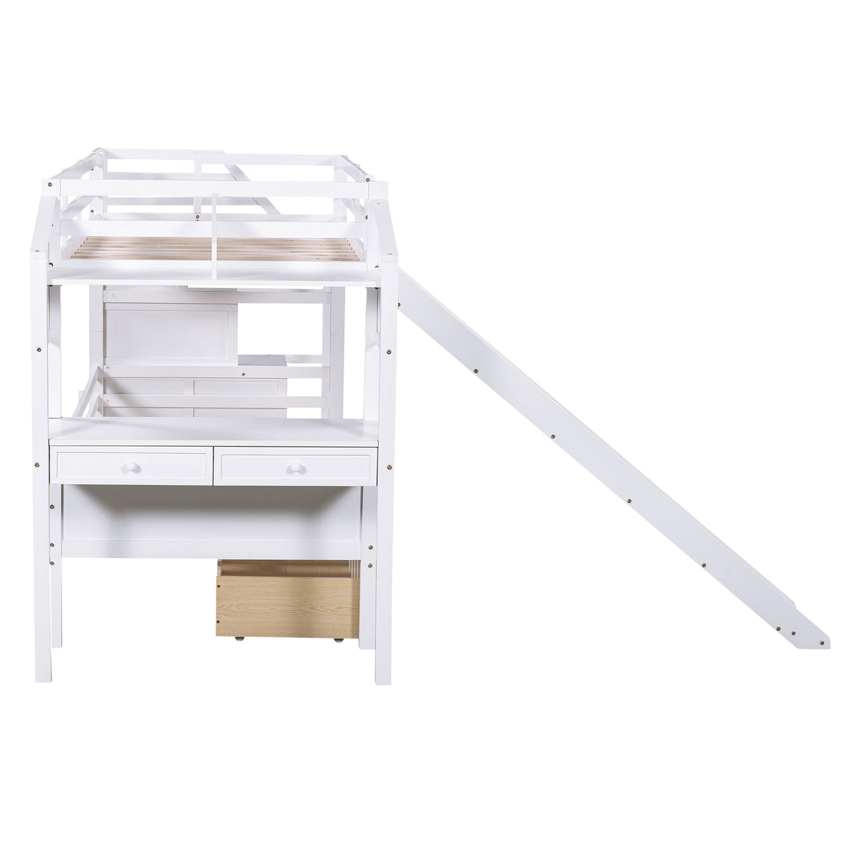 Twin over Twin Bunk Bed with Storage Staircase, Slide and Drawers, Desk with Drawers and Shelves, White - Home Elegance USA