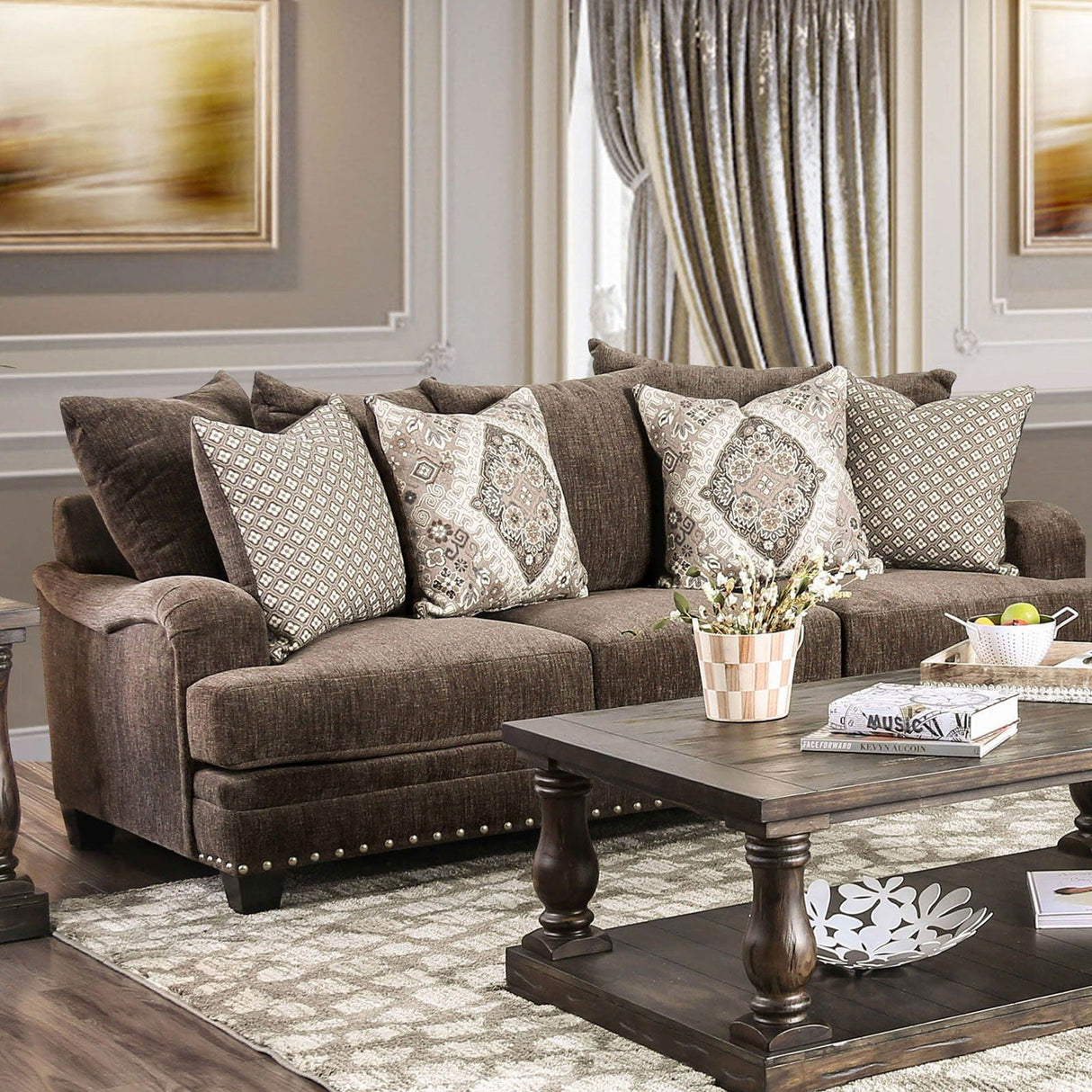 Pauline - Sofa & Loveseat - Dark Brown - Home Elegance USA