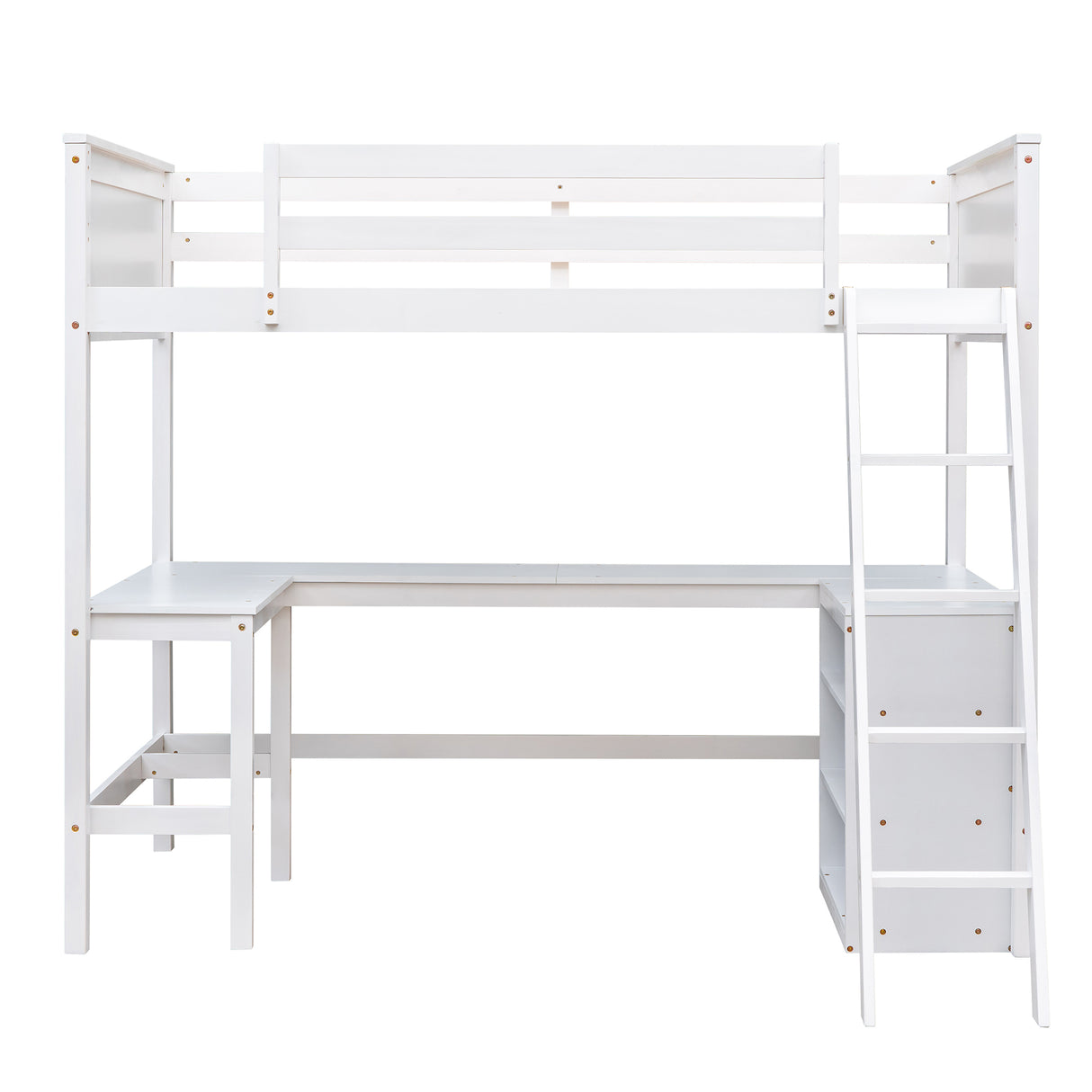 Twin size Loft Bed with Shelves and Desk, Wooden Loft Bed with Desk - White(OLD SKU:LT000537AAK) - Home Elegance USA