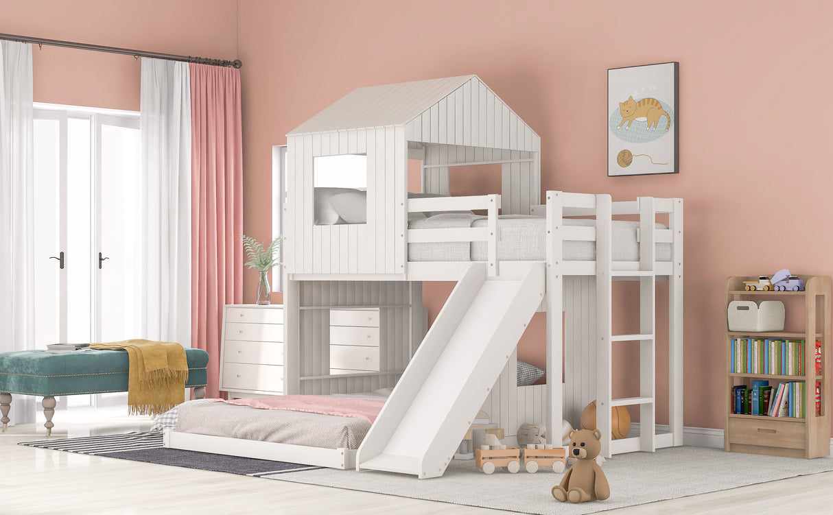 Wooden Twin Over Full Bunk Bed, Loft Bed with Playhouse, Farmhouse, Ladder, Slide and Guardrails, White(OLD SKU :LT000028AAK) - Home Elegance USA