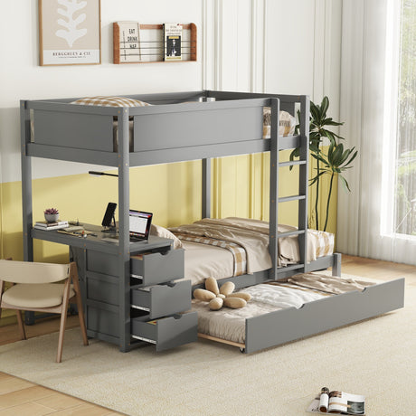 Twin-Over-Twin Bunk Bed with Twin size Trundle, Storage and Desk, Gray - Home Elegance USA