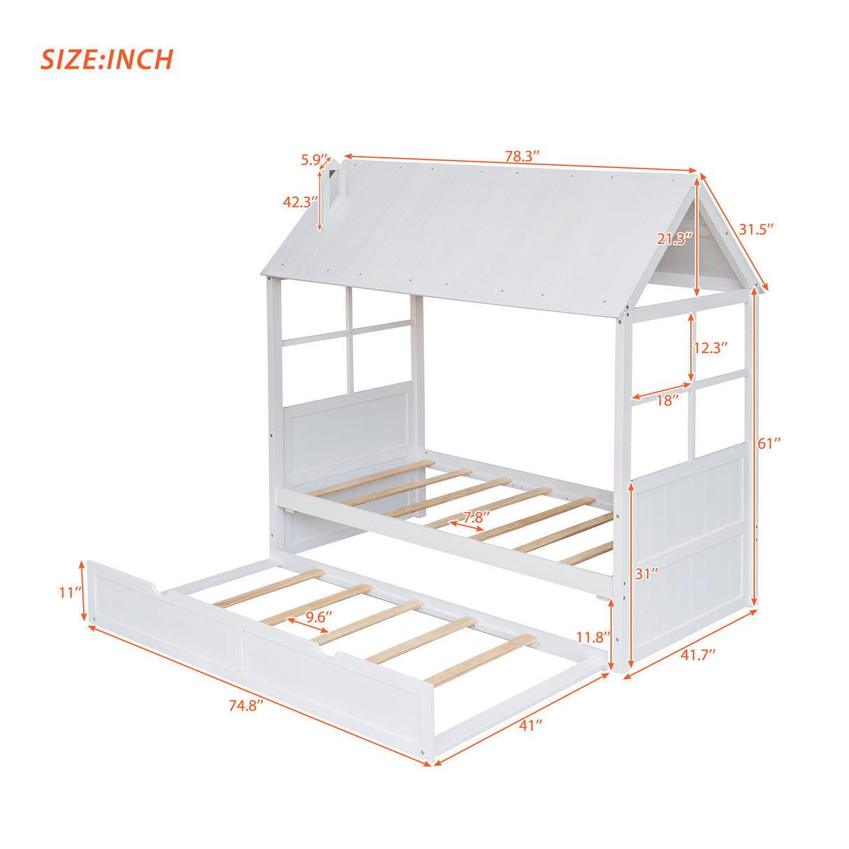 Twin Size Wood House Bed With Twin Size Trundle, Wooden Daybed, White