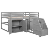 Full Size Functional Loft Bed with Cabinets and Drawers, Hanging Clothes at the back of the Staircase, Gray - Home Elegance USA