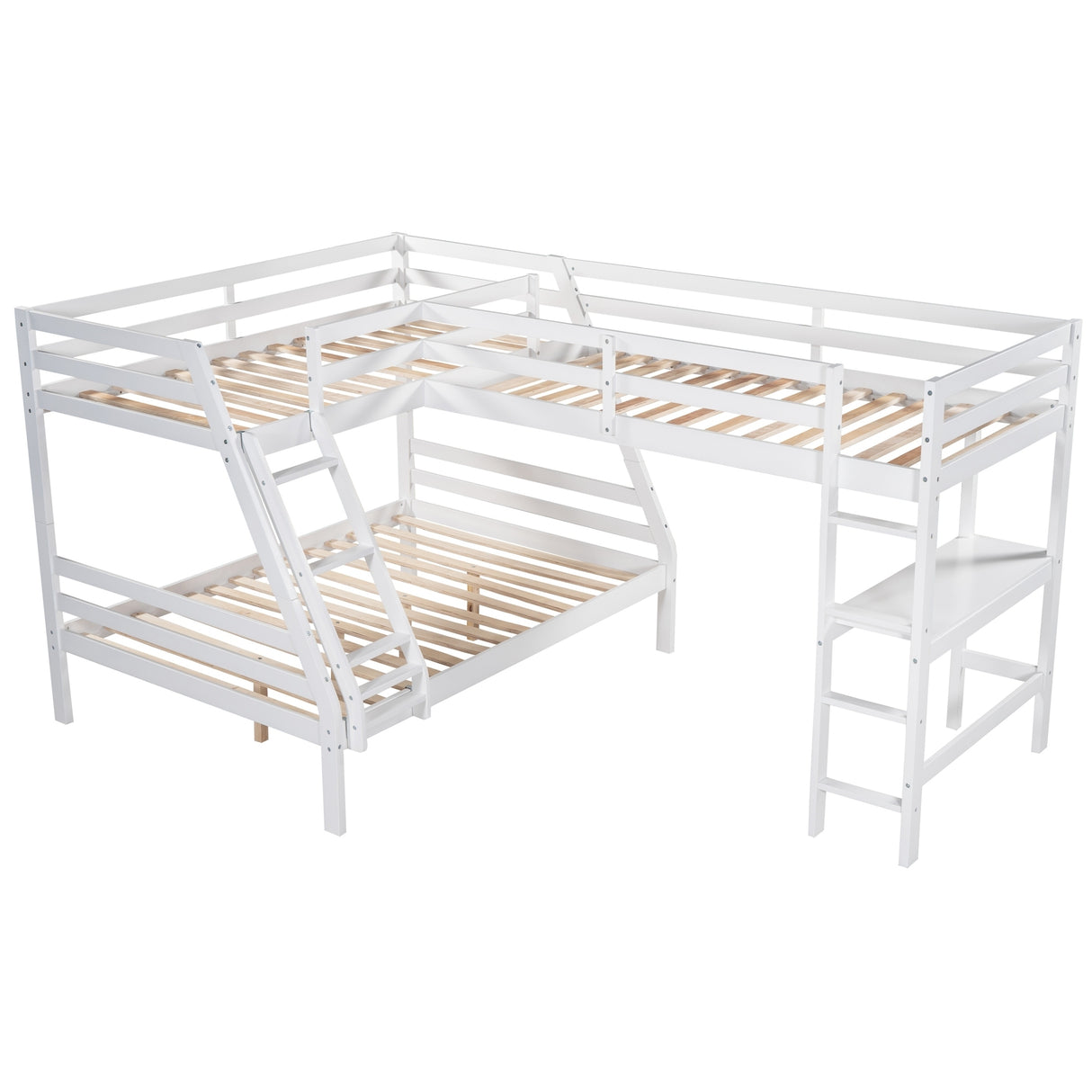 L-Shaped Twin over Full Bunk Bed and Twin Size Loft Bed with Built-in Desk,White - Home Elegance USA