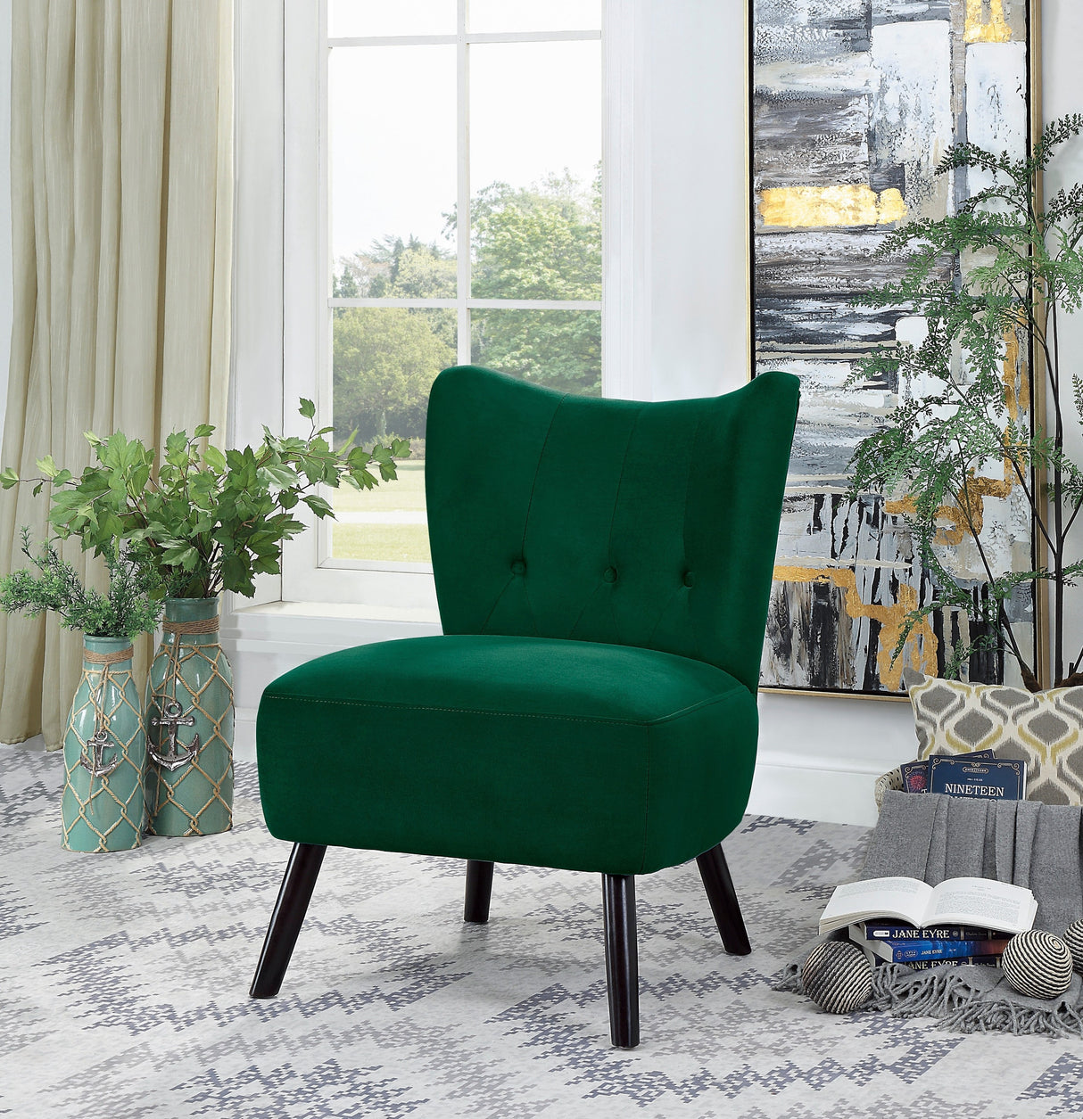 Unique Style Green Velvet Covering Accent Chair Button-Tufted Back Brown Finish Wood Legs Modern Home Furniture - Home Elegance USA