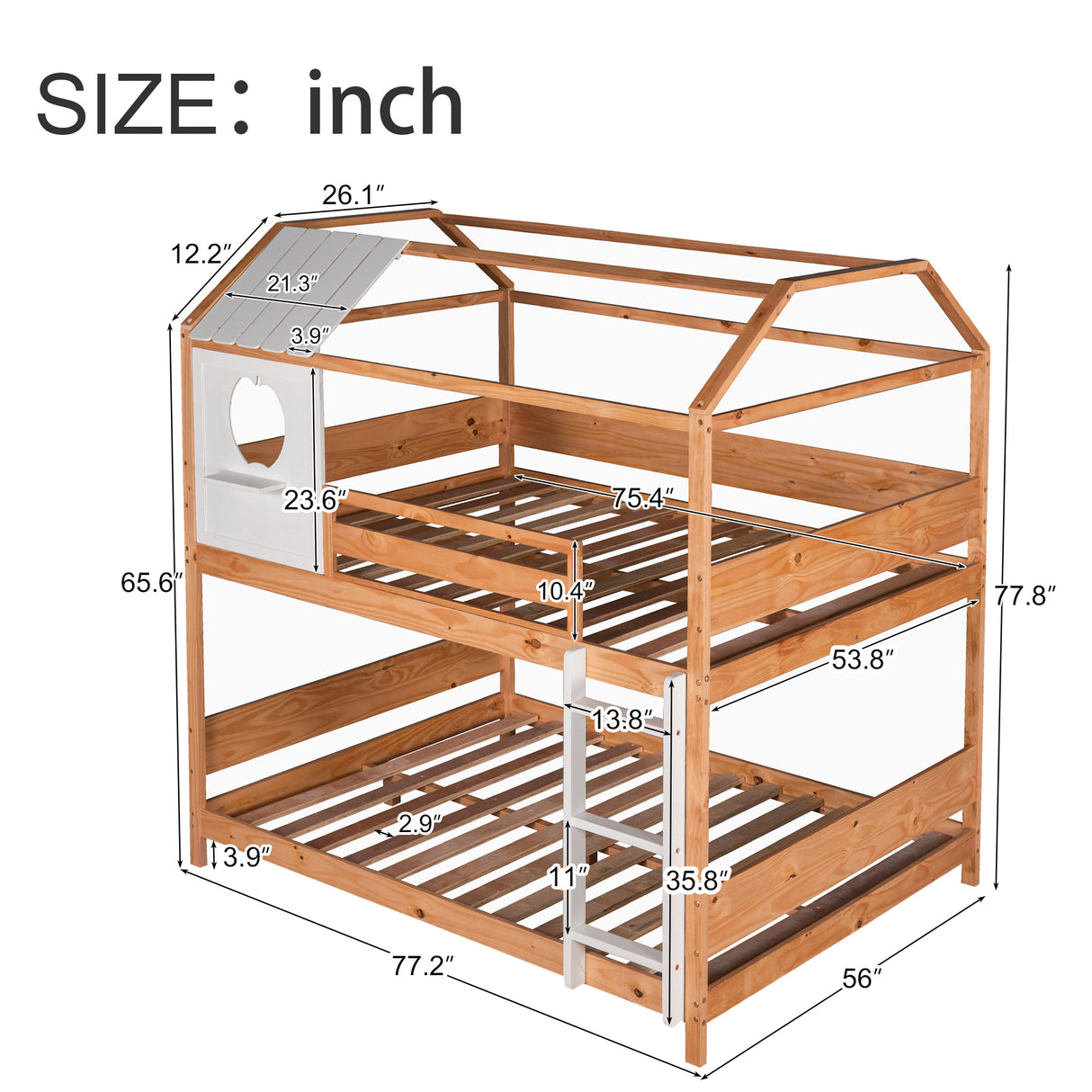 Full over Full Size House Bunk Bed with Window and Little Shelf,Full-Length Guardrail,Natural - Home Elegance USA