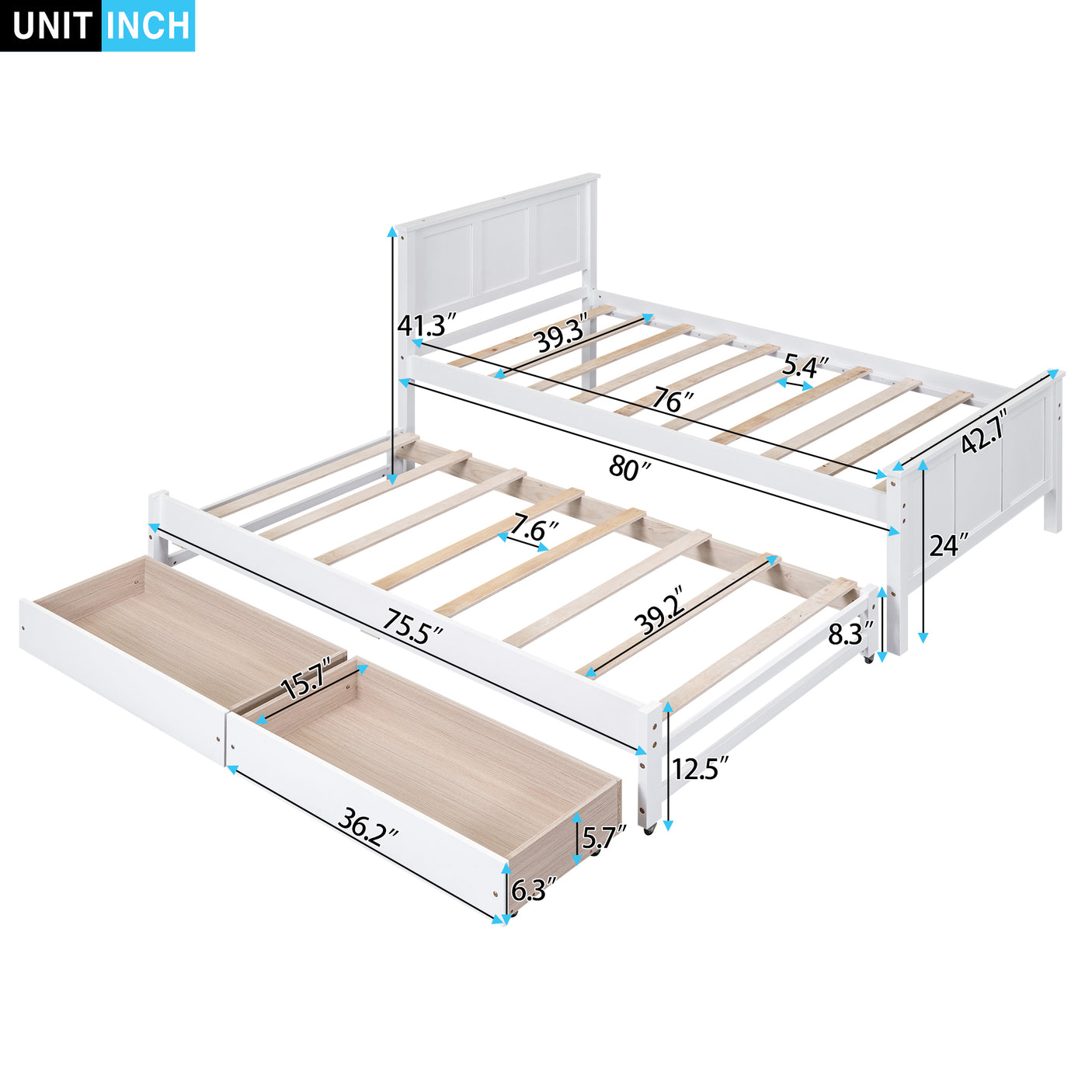 Twin Size Platform Bed with Trundle and Drawers, White - Home Elegance USA