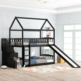 Twin Over Twin Bunk Bed with Drawers and Slide, House Bed with Slide,Espresso(OLD SKU :LP000215AAP) - Home Elegance USA